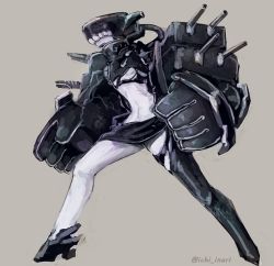 Rule 34 | 10s, 1girl, abyssal ship, bad id, bad pixiv id, black gloves, black thighhighs, colored skin, flat chest, full body, gloves, helmet, ichi inaru, kantai collection, mono2501, navel, oversized forearms, oversized limbs, single thighhigh, solo, thighhighs, torn clothes, torn thighhighs, tsu-class light cruiser, turret, twitter username, white skin