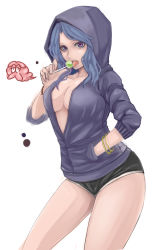 Rule 34 | 1girl, alternate costume, bad id, bad pixiv id, blue hair, bracelet, breasts, candy, cleavage, food, hand in pocket, highres, hood, hoodie, jewelry, kumoi ichirin, lollipop, long hair, long sleeves, looking at viewer, medium breasts, purple eyes, seiya (cardigan), short shorts, shorts, simple background, solo, tongue, tongue out, touhou, unzan, unzipped, white background