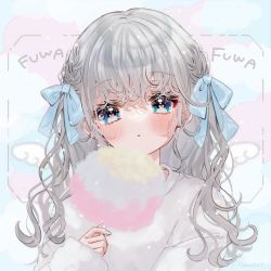 Rule 34 | 1girl, blue bow, blunt bangs, blush, bow, cotton candy, fur, grey hair, hair bow, head tilt, highres, long sleeves, looking at viewer, medium hair, original, pa ff, parted lips, solo, sparkle, wavy hair, wings