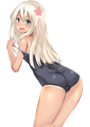 Rule 34 | 10s, 1girl, absurdres, ass, blonde hair, blue eyes, clothes pull, from behind, highres, kantai collection, long hair, looking back, off shoulder, one-piece swimsuit, one-piece swimsuit pull, ro-500 (kancolle), school swimsuit, smile, solo, swimsuit, tan, tanline, white background, yoshizawa tsubaki