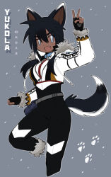 Rule 34 | 1girl, animal collar, animal ears, arm up, black gloves, black hair, black pants, blue collar, blue eyes, collar, colored tips, commentary, cropped jacket, cropped legs, dark-skinned female, dark skin, dog ears, dog girl, dog tail, english commentary, fang, fingerless gloves, fur-trimmed collar, fur-trimmed footwear, fur-trimmed jacket, fur trim, gloves, grey background, hair between eyes, hand up, husky, jacket, lapithai, long hair, long sleeves, looking at viewer, multicolored hair, no sclera, open mouth, original, pants, simple background, solo, standing, standing on one leg, tail, v, white hair, white jacket