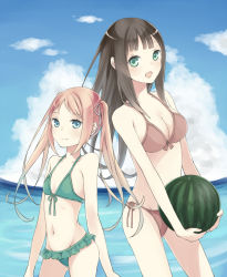Rule 34 | 2girls, bikini, blue eyes, breasts, brown hair, character request, cleavage, day, flat chest, food, front-tie bikini top, front-tie top, fruit, green bikini, green eyes, hair ribbon, highres, holding, long hair, looking at viewer, medium breasts, multiple girls, ocean, open mouth, original, ribbon, side-tie bikini bottom, sky, small breasts, swimsuit, tamaki iori, twintails, watermelon