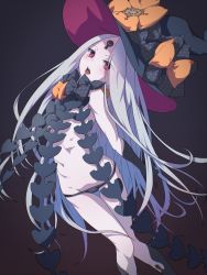Rule 34 | 1girl, abigail williams (fate), abigail williams (third ascension) (fate), black bow, black panties, blush, bow, fate/grand order, fate (series), grey hair, hat, highres, karan, keyhole, long hair, looking at viewer, open mouth, orange bow, pale skin, panties, pink eyes, solo, star (symbol), star print, third eye, underwear, very long hair, witch hat