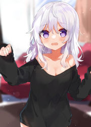 Rule 34 | 1girl, absurdres, bad id, bad pixiv id, bare shoulders, black sweater, blurry, blurry background, highres, light particles, long sleeves, loose clothes, medium hair, noi mine, open mouth, original, purple eyes, sweater, white hair