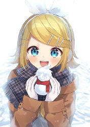 Rule 34 | 1girl, bad id, bad twitter id, blonde hair, blue eyes, blue scarf, blush, bow, brown coat, coat, commentary, earmuffs, gloves, hair bow, hair ornament, hairclip, highres, holding snowman, kagamine len, kagamine rin, looking at viewer, niwa (niwaniwa 1227), open mouth, plaid, plaid scarf, red scarf, scarf, smile, snowman, solo, symbol-only commentary, upper body, vocaloid, white bow, white gloves