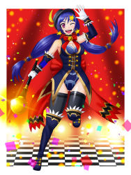 Rule 34 | 1girl, blue hair, breasts, cleavage, hat, highleg, highleg leotard, leotard, magician, one eye closed, open mouth, star (symbol), top hat, wink