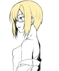 Rule 34 | 1girl, asashin (kazami-tomo), blonde hair, blue eyes, breasts, commentary, no bra, off shoulder, parted lips, partially undressed, ribs, semi-rimless eyewear, short hair, sidelocks, small breasts, solo, spot color, strike witches, under-rim eyewear, upper body, ursula hartmann, white background, world witches series