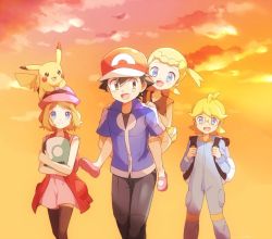 Rule 34 | 2boys, 2girls, animal, animal on head, ash ketchum, back, backpack, bad id, bad pixiv id, bag, bandaid, bandaid on knee, bandaid on leg, black hair, black legwear, blonde hair, blue eyes, blush, bonnie (pokemon), brother and sister, carrying, clemont (pokemon), creatures (company), game freak, gen 1 pokemon, glasses, hat, jumpsuit, mary janes, multiple boys, multiple girls, nintendo, on head, open mouth, piggyback, pikachu, pokemon, pokemon (anime), pokemon (creature), pokemon on head, pokemon xy, serena (pokemon), shoes, short hair, siblings, side ponytail, smile, sunset, thighhighs, walking