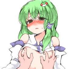 Rule 34 | 1girl, animal hair ornament, bare shoulders, blush, grabbing another&#039;s breast, breasts, clothes lift, d:, detached sleeves, dot nose, embarrassed, frog hair ornament, full-face blush, furrowed brow, grabbing, green eyes, green hair, groping, hair ornament, kochiya sanae, long hair, long sleeves, looking at viewer, nanana (chicken union), narrowed eyes, nipples, open mouth, parted lips, pov, pov hands, raised eyebrows, shirt lift, simple background, small breasts, solo focus, sweat, touhou, upper body, white background, white sleeves