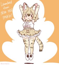 Rule 34 | 1girl, animal ears, arms up, belt, bow, bowtie, brown background, cat ears, cat girl, cat tail, coroha, elbow gloves, extra ears, full body, gloves, grey hair, jumping, kemono friends, kemono friends 3, looking at viewer, serval (ex4) (kemono friends), serval print, shirt, shoes, short hair, simple background, skirt, sleeveless, sleeveless shirt, solo, tail, thighhighs