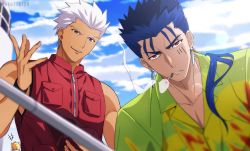 Rule 34 | +++, 3boys, akujiki59, archer (fate), blonde hair, blue hair, blurry, cigarette, cloud, collared shirt, commentary request, cu chulainn (fate), cu chulainn (fate/stay night), day, earrings, fate (series), frown, gilgamesh (fate), green shirt, half-closed eyes, hat, holding, holding clothes, holding hat, jewelry, male focus, mouth hold, multiple boys, official alternate costume, outdoors, parted lips, red eyes, red vest, shirt, short hair, sky, smile, spiked hair, unworn hat, unworn headwear, vest, white hair, wristband, zipper pull tab