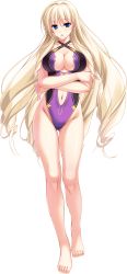 Rule 34 | 1girl, blonde hair, blue eyes, breasts, cleavage, cleavage cutout, clothing cutout, full body, highres, large breasts, long hair, one-piece swimsuit, silveria leodiehl, solo, standing, swimsuit, transparent background, unionism quartet
