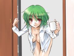Rule 34 | 1girl, bent over, blush, bottomless, breasts, cleavage, cup, female focus, green hair, hanging breasts, hirase yuu, kazami yuuka, knocking, large breasts, leaning forward, looking at viewer, mug, naked shirt, open clothes, open shirt, red eyes, shirt, short hair, smile, solo, touhou