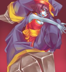 Rule 34 | 1girl, bare shoulders, blue skin, blush stickers, breasts, capcom, chinese clothes, claw (weapon), cleavage cutout, clothing cutout, colored skin, cosmosmo05, flipped hair, hat, jiangshi, large breasts, lei lei, ofuda, open mouth, purple hair, qingdai guanmao, red eyes, short hair, smile, solo, vampire (game), weapon
