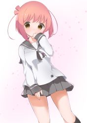 Rule 34 | 1girl, black socks, blush, brown eyes, brown hair, commentary request, covered mouth, floral background, gradient background, grey neckwear, grey sailor collar, grey skirt, guraasan, hand up, highres, ichinose hana, kneehighs, long sleeves, looking at viewer, one side up, pink background, pleated skirt, sailor collar, school uniform, shirt, sidelocks, skirt, sleeves past wrists, slow start, socks, solo, white background, white shirt