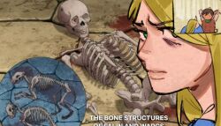 Rule 34 | 1boy, 1girl, arms behind head, arms up, blonde hair, brown hair, chilchuck tims, dungeon meshi, green eyes, jerma985, long hair, looking at viewer, marcille donato, parted lips, pdvl, short hair, skeleton