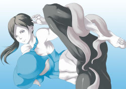 Rule 34 | barefoot, breasts, colored skin, covered erect nipples, grey eyes, grey hair, highres, huge breasts, image sample, impossible clothes, impossible shirt, nintendo, pixiv sample, resized, shirt, tagme, tentacles, tight clothes, white skin, wii fit, wii fit trainer, wii fit trainer (female)