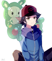 Rule 34 | 1boy, bad id, bad twitter id, baseball cap, blue jacket, brown eyes, brown hair, brown pants, closed mouth, commentary request, creatures (company), game freak, gen 5 pokemon, hat, highres, hilbert (pokemon), jacket, looking at viewer, male focus, nintendo, pants, pokemon, pokemon (creature), pokemon bw, reuniclus, short hair, signature, smile, tere asahi, zipper pull tab
