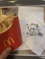 Rule 34 | 1girl, bow, collared shirt, commentary, cropped torso, eating, fingernails, food, french fries, fujiwara no mokou, hair bow, highres, holding, jokanhiyou, long hair, mcdonald&#039;s, napkin, no nose, open mouth, photo (medium), puffy short sleeves, puffy sleeves, real life, shirt, short sleeves, signature, sketch, solo, suspenders, sweatdrop, symbol-only commentary, touhou, traditional media, unconventional media, upper body