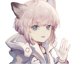 Rule 34 | 1girl, ahoge, alice (openhexagon), animal ears, arknights, black choker, blue eyes, blue shirt, choker, fox ears, fox girl, gloves, hands up, highres, jacket, looking at viewer, open mouth, portrait, shirt, short hair, simple background, solo, sussurro (arknights), white background, white gloves, white jacket