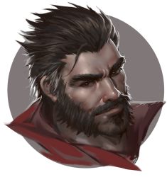 Rule 34 | 1boy, bara, beard, cropped shoulders, dopey (dopq), facial hair, graves (league of legends), hair slicked back, hair strand, league of legends, lips, male focus, male pubic hair, mature male, mustache, portrait, pubic hair, red pupils, short hair, smile, solo, thick eyebrows, white background