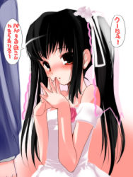 Rule 34 | 1girl, :o, bare shoulders, black hair, blush, bride, dress, fingers together, hair ribbon, hima, kooh, looking at viewer, open mouth, pangya, red eyes, ribbon, sidelocks, solo focus, translated, twintails, wedding dress