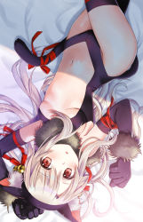Rule 34 | 1girl, :o, animal ears, bed sheet, bell, black gloves, black thighhighs, blonde hair, blush, breasts, cat ears, cat tail, commentary request, dangeroes beast (illya), elbow gloves, fate/kaleid liner prisma illya, fate (series), gloves, hair bell, hair ornament, hair ribbon, illyasviel von einzbern, long hair, looking at viewer, lying, navel, official alternate costume, on back, red eyes, red ribbon, ribbon, seiru (prairie), small breasts, solo, tail, tail ornament, tail ribbon, thighhighs, upside-down