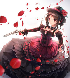 Rule 34 | 1girl, absurdres, alswp5806, bare shoulders, black skirt, black sleeves, black tea (food fantasy), blurry, blurry foreground, blush, breasts, brown hair, brown hat, closed mouth, commentary request, depth of field, detached sleeves, dual wielding, flower, food fantasy, gun, handgun, hat, hat flower, highres, holding, holding gun, holding weapon, juliet sleeves, layered skirt, long hair, long sleeves, medium breasts, petals, pistol, pleated skirt, puffy sleeves, red eyes, red flower, red rose, revolver, rose, skirt, smile, solo, strapless, striped, striped sleeves, weapon, white background
