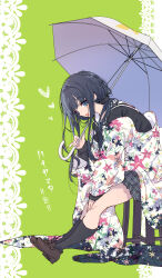 Rule 34 | 1girl, :d, black hair, black scrunchie, black sweater, blush, brown footwear, coat, commentary request, floral print, from side, full body, green background, grey skirt, hamayumiba sou, hanayamata, happi, heart, highres, holding, holding umbrella, japanese clothes, kneehighs, lace background, leaning forward, loafers, looking at viewer, looking to the side, miniskirt, nishimikado tami, on stool, open mouth, outstretched legs, plaid, plaid skirt, pleated skirt, school uniform, scrunchie, serafuku, shoes, sideways mouth, sitting, skirt, smile, socks, solo, sweater, translation request, umbrella, white coat, white umbrella