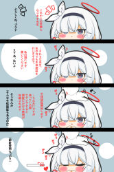 Rule 34 | 1girl, 1other, 4koma, plana (blue archive), absurdres, black hairband, blue archive, blush, braid, chibi, closed mouth, comic, commentary request, gloves, grey eyes, grey hair, hair over one eye, hair ribbon, hairband, halo, hand up, hands up, headpat, heart, highres, kurukurumagical, long sleeves, motion lines, notice lines, out of frame, parted lips, ribbon, sensei (blue archive), translation request, white gloves, white ribbon