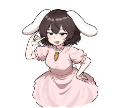 Rule 34 | 1girl, \m/, animal ears, black hair, blush, carrot, carrot necklace, cocktiel77, dress, floppy ears, hair between eyes, half-closed eyes, inaba tewi, jewelry, leaning forward, looking at viewer, necklace, open mouth, pendant, pink dress, rabbit ears, rabbit girl, rabbit tail, ribbon-trimmed dress, simple background, smug, solo, standing, tail, touhou, white background