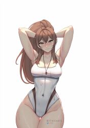 Rule 34 | 1girl, absurdres, ahoge, armpits, blush, breasts, brown eyes, brown hair, cameltoe, highres, hololive, hololive english, large breasts, long hair, looking at viewer, myth1carts, nanashi mumei, one-piece swimsuit, ponytail, smile, solo, swimsuit, virtual youtuber, white one-piece swimsuit
