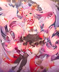 Rule 34 | 1girl, angel, angel wings, arms at sides, artist name, bad id, bad pixiv id, bare shoulders, black skirt, black thighhighs, bow, box, breasts, cake, cherry, chocolate, cleavage, corset, covered mouth, feathered wings, food, food-themed hair ornament, fruit, garter straps, green eyes, hair between eyes, hair ornament, halo, hands up, heart, heart-shaped box, holding, holding box, large bow, large breasts, long hair, looking at viewer, macaron, musical note, original, pink bow, pink hair, quaver, signature, skirt, solo, star (symbol), strawberry, sweets, thighhighs, tobi (mue86), valentine, very long hair, wafer stick, wings