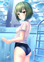 Rule 34 | ass, ban tsugumi, blush, bob cut, commentary, cowboy shot, dress, empty pool, green hair, gym shirt, hair strand, kmcgold30, ladder, looking at viewer, looking back, parted lips, pool, school swimsuit, shirt, short hair, skirt, sky, solo, standing, swimsuit, swimsuit under clothes, toji no miko, water drop, wet, wet clothes, wet shirt, white shirt, window, wringing clothes, wringing dress, wringing skirt, yellow eyes
