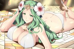 Rule 34 | 1girl, ass, bikini, breasts, butt crack, cleavage, closed mouth, fire emblem, fire emblem: three houses, fire emblem heroes, flower, green eyes, green hair, hair flower, hair ornament, high heels, large breasts, leg up, lindaroze, long hair, lying, nintendo, on floor, on stomach, rhea (fire emblem), sandals, shoe soles, smile, solo, swimsuit, the pose, white bikini