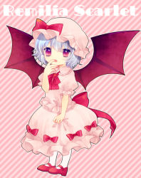 Rule 34 | 1girl, bad id, bad pixiv id, bat wings, blue hair, character name, child, female focus, hat, ia (artist), ia (carat), nail polish, pantyhose, red eyes, remilia scarlet, ribbon, short hair, solo, striped, striped background, touhou, white pantyhose, wings
