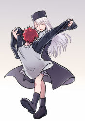 Rule 34 | 1boy, 1girl, applechoc, bad end, bisected, boots, closed eyes, coat, dancing, emiya shirou, fate/stay night, fate (series), full body, fur hat, hat, illyasviel von einzbern, long sleeves, loose clothes, missing limb, papakha, red hair, simple background, smile, white background, white hair, winter clothes