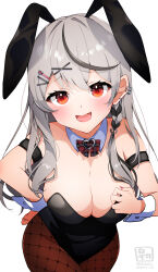 Rule 34 | 1girl, absurdres, animal ears, bare shoulders, black hair, black leotard, blush, bow, bowtie, breasts, cleavage, detached collar, ear piercing, fake animal ears, fang, fishnet pantyhose, fishnets, grey hair, hair ornament, highleg, highleg leotard, highres, hololive, large breasts, leotard, long hair, looking at viewer, multicolored hair, open mouth, pantyhose, piercing, playboy bunny, rabbit ears, red bow, red bowtie, red eyes, sakamata chloe, satsuki (pixiv 742410), smile, solo, strapless, strapless leotard, streaked hair, virtual youtuber, wrist cuffs, x hair ornament