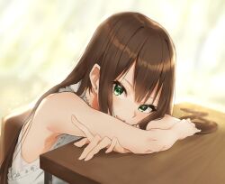 Rule 34 | 1girl, applepie (12711019), armpits, bare arms, blush, brown hair, commentary, crossed arms, earrings, green eyes, highres, idolmaster, idolmaster cinderella girls, jewelry, long hair, looking at viewer, red arm warmers, shibuya rin, shirt, sitting, sleeveless, sleeveless shirt, smile, solo, straight hair, stud earrings, very long hair