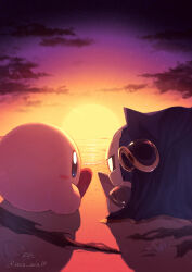 Rule 34 | 2boys, absurdres, beach, blue eyes, cape, cloud, cloudy sky, cola cola00, commentary request, highres, kirby, kirby (series), male focus, mask, meta knight, multiple boys, nintendo, outdoors, red footwear, shadow, sitting, sky, sunset, yellow eyes