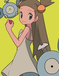 Rule 34 | 1girl, brown hair, closed mouth, commentary request, creatures (company), dress, eyelashes, game freak, gen 1 pokemon, green background, green eyes, hand up, highres, holding, holding poke ball, jasmine (pokemon), long hair, looking back, magnemite, nintendo, poke ball, poke ball (basic), pokemon, pokemon (creature), pokemon gsc, simple background, sleeveless, sleeveless dress, smile, two side up, tyako 089