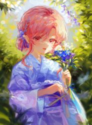 Rule 34 | alternate costume, alternate hairstyle, blue kimono, bow, commentary, flower, forget-me-not (flower), hair behind ear, highres, holding, holding flower, indie virtual youtuber, japanese clothes, kimono, nini yuuna, obi, open mouth, parted bangs, pink eyes, pink hair, purple bow, purple flower, sash, smile, spacelongcat, symbol-only commentary, upper body, virtual youtuber