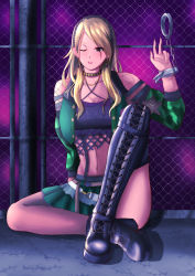 Rule 34 | 1girl, 9226hi, absurdres, asymmetrical footwear, blonde hair, boots, breasts, choker, cross-laced footwear, cuffs, earrings, hairband, handcuffed, handcuffs, highres, idolmaster, idolmaster shiny colors, izumi mei, jewelry, lace-up boots, long hair, medium breasts, midriff, mismatched footwear, one eye closed, purple eyes, skirt, thigh boots, thighhighs