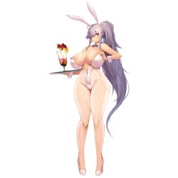 Rule 34 | 10million, 1girl, animal ears, areola slip, bow, bowtie, cherry, cream, detached collar, fake animal ears, food, fruit, full body, glass, gnome (last origin), hair over one eye, high heels, highres, ice cream, last origin, leotard, long hair, looking at viewer, name tag, official art, pantyhose, parfait, playboy bunny, ponytail, rabbit ears, silver hair, snowball22, solo, strapless, strapless leotard, sundae, tachi-e, transparent background, very long hair, white leotard, white pantyhose, wrist cuffs