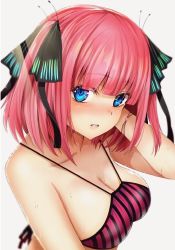 Rule 34 | 1girl, adjusting hair, bare shoulders, bikini, black ribbon, blue eyes, blunt bangs, blush, breasts, butterfly hair ornament, cleavage, collarbone, dated, from above, go-toubun no hanayome, hair ornament, hair ribbon, hand in own hair, highres, hoshi san 3, large breasts, looking at viewer, nakano nino, parted lips, pink hair, ribbon, short hair, signature, simple background, solo, swimsuit, wet, white background