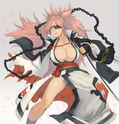 Rule 34 | 1girl, amputee, baiken, ball and chain (weapon), bandages, big hair, breasts, chain, cleavage, dual wielding, facial tattoo, fighting stance, guilty gear, guilty gear xrd, holding, huge breasts, japanese clothes, kajichan, katana, kimono, lips, long hair, no bra, obi, one-eyed, open clothes, open kimono, pink eyes, pink hair, ponytail, reverse grip, sash, scar, scar across eye, scar on face, serious, solo, spiked ball and chain, sword, tattoo, teeth, weapon, wide-eyed