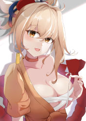 Rule 34 | 1girl, :d, absurdres, asymmetrical hair, bandages around chest, blonde hair, blush, breasts, brown eyes, budget sarashi, choker, cleavage, collarbone, earrings, fang, genshin impact, hair between eyes, highres, jewelry, large breasts, looking at viewer, mr sdorica, open clothes, open mouth, ponytail, red choker, sarashi, short ponytail, short sleeves, simple background, single bare shoulder, single earring, skin fang, smile, upper body, white background, yoimiya (genshin impact)