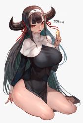 Rule 34 | 1girl, black hair, black nails, breasts, commentary request, cow horns, cross, eyeshadow, habit, highres, horn ornament, horn ribbon, horns, lack, large breasts, latin cross, long hair, looking at viewer, makeup, nail polish, official art, open mouth, re:act, red eyes, ribbon, simple background, sitting, solo, ushio tia, very long hair, virtual youtuber, yokozuwari