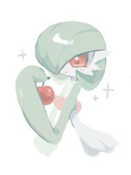 Rule 34 | 1girl, apple, blush, bob cut, closed mouth, colored skin, creatures (company), cropped torso, female focus, flat chest, food, fruit, game freak, gardevoir, gen 3 pokemon, green hair, green skin, hair over one eye, hand up, happy, highres, holding, holding food, holding fruit, light blush, looking at food, mame (pixiv 57985908), multicolored skin, nintendo, one eye covered, pokemon, pokemon (creature), red eyes, short hair, simple background, smile, solo, sparkle, two-tone skin, upper body, white background, white skin