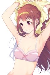 Rule 34 | 1girl, armpits, arms behind head, bad id, bad twitter id, blunt bangs, bow, bow bra, bra, breasts, cleavage, closed eyes, collarbone, hairband, highres, hiroki (yyqw7151), idolmaster, idolmaster million live!, lace, lace-trimmed bra, lace trim, long hair, looking to the side, midriff, pink bra, red eyes, red hair, shirt, unworn shirt, small breasts, smile, solo, straight hair, tanaka kotoha, underwear, upper body, white background, yellow hairband, yellow shirt